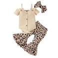 thumbnail image 1 of Youmylove Two Piece Girls Outfits Girls Short Sleeve Ribbed Bowknot Romper Bodysuit Floral Prints Bell Bottoms Pants Headbands Outfits, 1 of 7