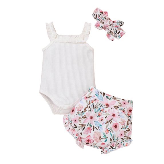 Youmylove Two Piece Girls Outfits Girls Sleeveless Ruffles Ribbed Romper Bodysuit Rainbow Floral Printed Shorts Headbands Outfits