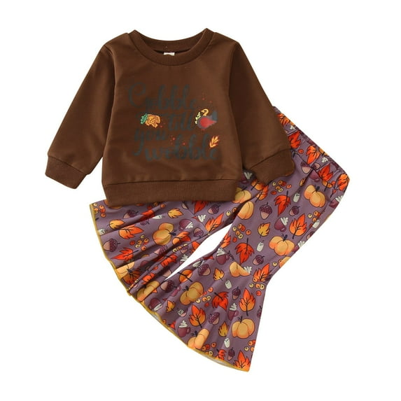 Youmylove Two Piece Girls Outfits Kids Baby Girls Thanksgiving Day Outfits Turkey Ruffles Sweatshirt Tops Flare Pants Bell Bottom Clothes Sets