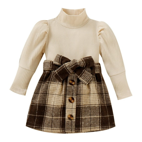 Youmylove Two Piece Girls Outfits Toddler Girls Long Sleeve Ribbed Knitted Turtleneck T Shirt Tops Plaid Prints Bow Tie Skirt Outfits