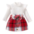 thumbnail image 1 of Youmylove Two Piece Girls Outfits Toddler Girls Ruffles Long Sleeve Ribbed T Shirt Tops Plaid Prints Bow Tie Skirt Outfits, 1 of 9