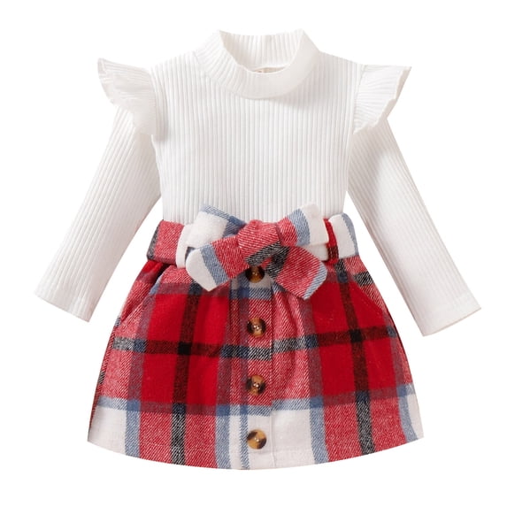 Youmylove Two Piece Girls Outfits Toddler Girls Ruffles Long Sleeve Ribbed T Shirt Tops Plaid Prints Bow Tie Skirt Outfits