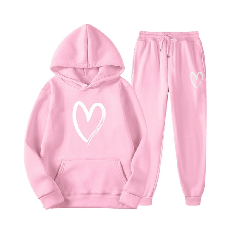 Youmylove Two Piece Outfits For Women Jogging Suits Winter Hooded Sweatshirt Set Loose Solid Color Love Heart Plus Velvet Casual Tracksuit Comfy Soft Sweatsuit Set Cozy Jogger Set Walmart