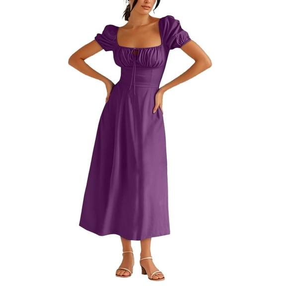 Youmylove Vacation Beach Dress for Women Ladies Summer Split Solid Color Slim Comfortable Print Dress Long Dress Vacation Outfits