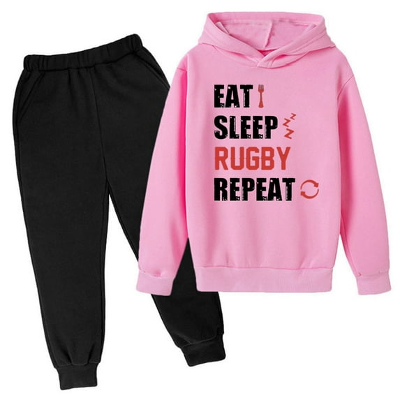 Youmylove Winter Sweatshirt Letter Printed Hoodies Pants Children Casual 2PCS Fashion Trend American Football Fans Sports Rugby Player Sports Gift Stylish Dailywear