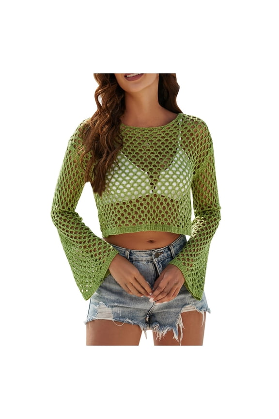 Women Beach Cover Ups New Ladies' Sweaters With Loose Round Neck And Hollow Sleeves Trendy Vacation Clothes