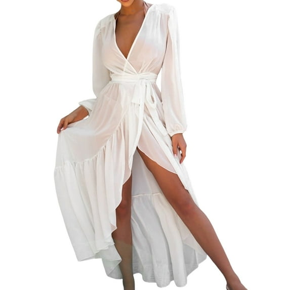 Youmylove Women Beach Cover Ups Women Sheer Maxi Kimono Cardigan Mesh Ruffle Flowy Beach Swimsuit Cover Up Dress Chiffon Long Kimonos Beach Swimsuit Cover Ups