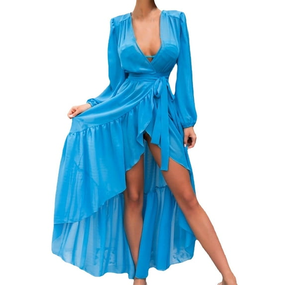 Youmylove Women Beach Cover Ups Women Sheer Maxi Kimono Cardigan Mesh Ruffle Flowy Beach Swimsuit Cover Up Dress Chiffon Long Kimonos Women's Bikini Coverups