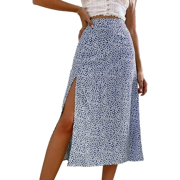 Youmylove Women Casual Floral Split A-Line Slim Mid Waist Half Body Skirt For Autumn Casual Versatile Beach Trendy
