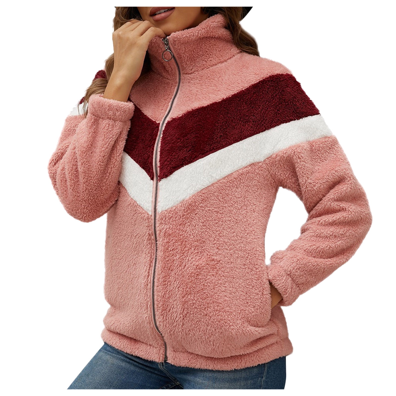 Youmylove Women Coats Zipper Color Block Striped Fuzzy Pullover Sherpa