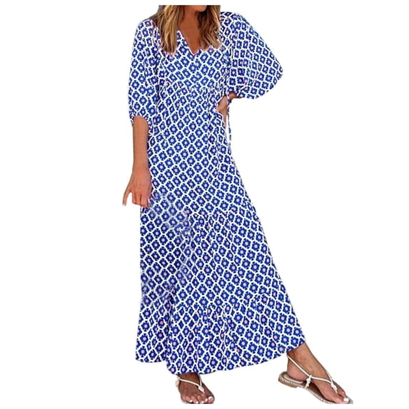 Youmylove Women Dress Fashion Boho Print Half Sleeve V-Neck Strap Loose Splice Long Casual Beach Summer Party Holiday Sundress