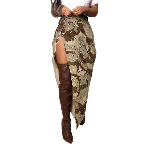Youmylove Women Fashion Camo Cargo Long Skirt High Split Button Ripped Hem Camouflage Mini Skirts With Pockets Casual Versatile Beach Trendy