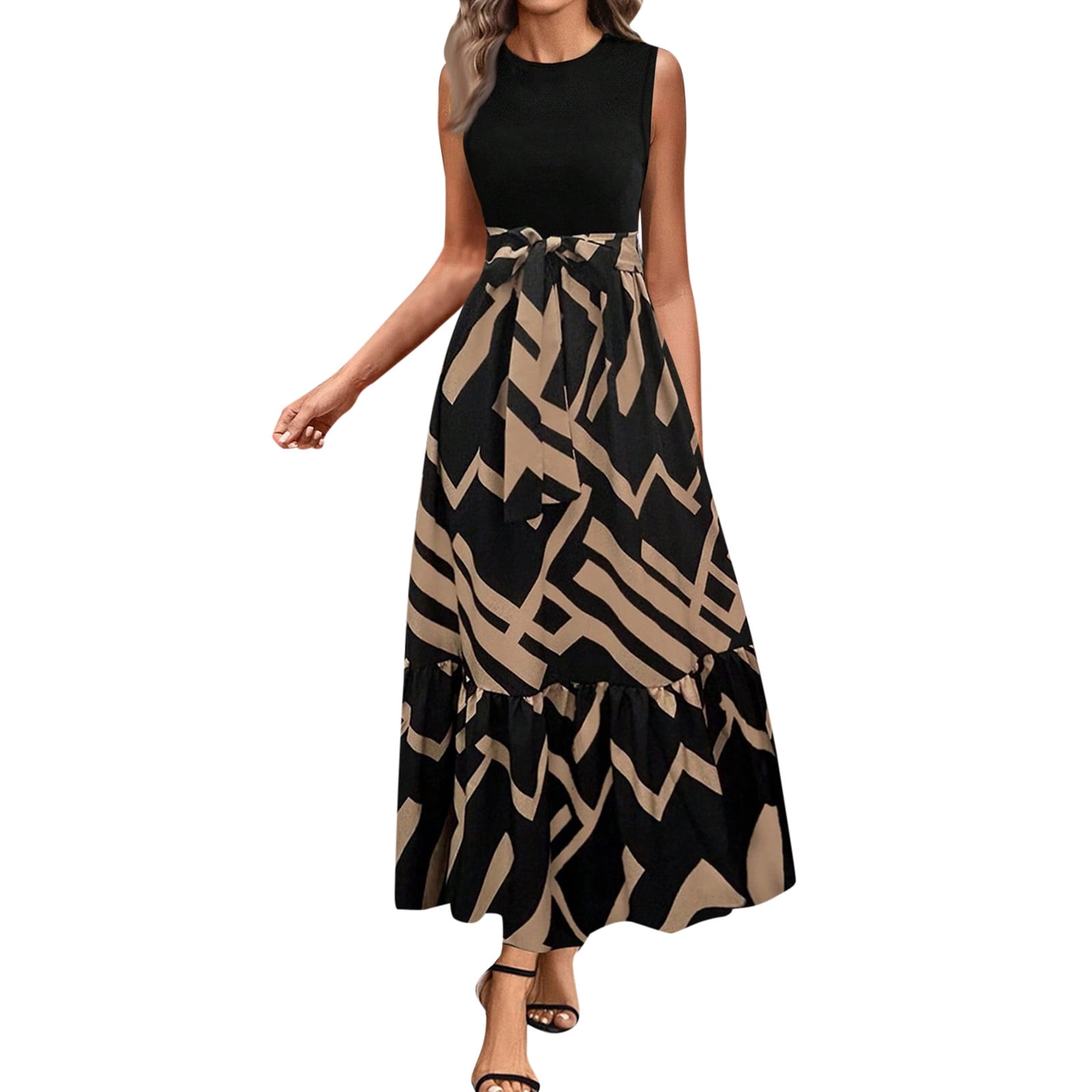 Youmylove Women Floral Maxi Dress Summer Dresses 2025 Printed Slim  Sleeveless Elegant Maxi Dress Patchwork Ruffle A-Line Dress Stylish Party  Midi Dress - Walmart.com