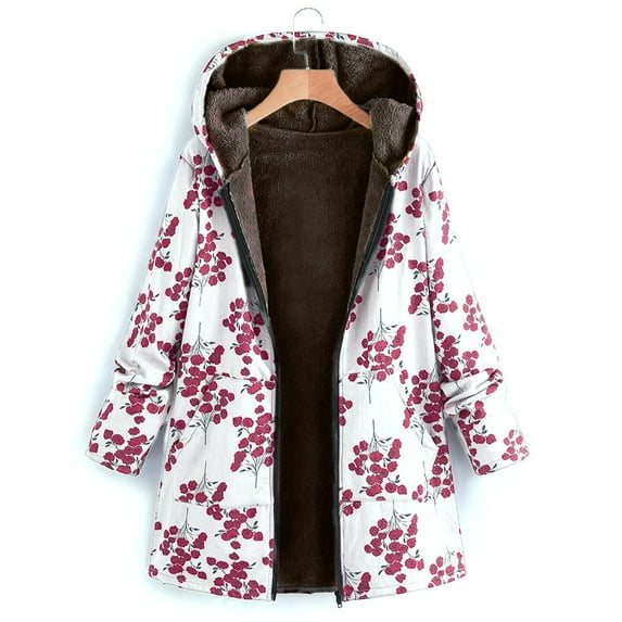 Youmylove Women Jacket Casual Zip Up Coat Winter Warm Outwear Floral Print Hooded Pockets Vintage Oversize Coats Temperament Versatile Outerwear