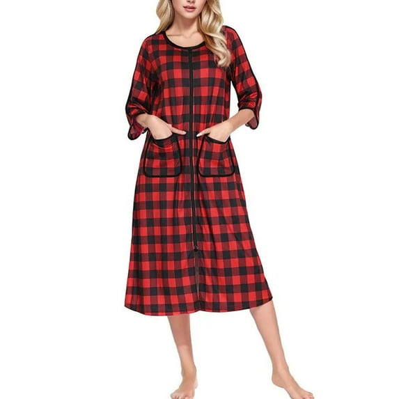 Youmylove Women Loungewear Comfortable Casual Autumn/Winter Loose Fit Striped Sleep Dress With Three Quarter Sleeves Plus Size Ladies Comfy Sleepwear Nightwear Homewear