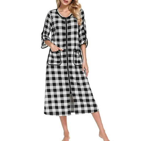 Youmylove Women Loungewear Comfortable Casual Autumn/Winter Loose Fit Striped Sleep Dress With Three Quarter Sleeves Plus Size Ladies Soft Sleepwear Nightwear Pjs