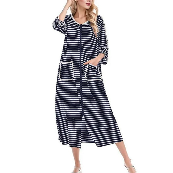 Youmylove Women Loungewear Comfortable Casual Autumn/Winter Loose Fit Striped Sleep Dress With Three Quarter Sleeves Plus Size Loungewear Comfy Nightwear