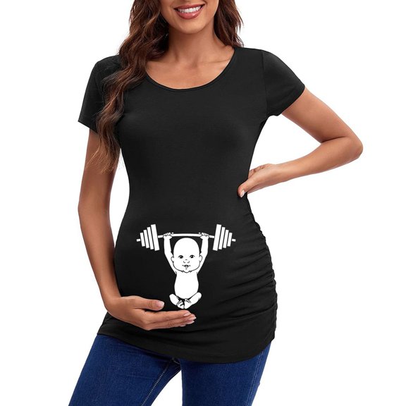 Youmylove Women Maternity Short Sleeve Crew Neck Cute Funny Graphic Ruched Sides T-Shirt Tee Shirts Tops Pregnancy Tunic Blouse Pregnant