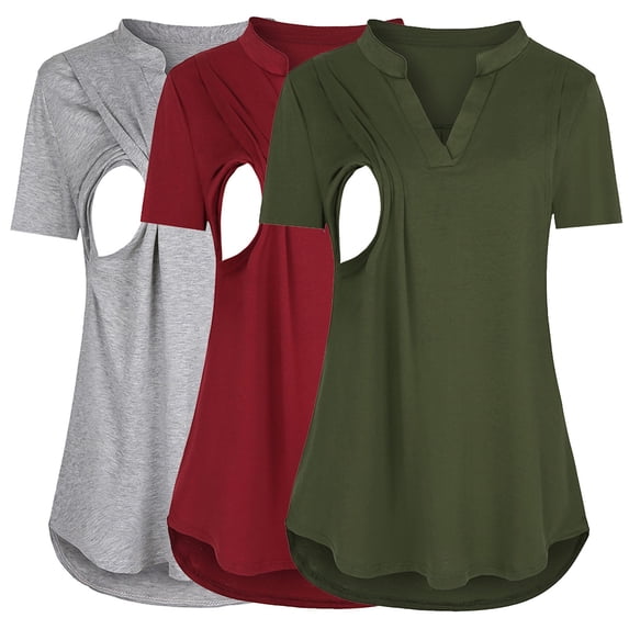 Youmylove Women Maternity Summer Nursing Blouse T-Shirt Short Sleeve V-Neck Plaid Printed Tops For Breastfeeding 3-Pack Female Stylish Pregnant Clothes