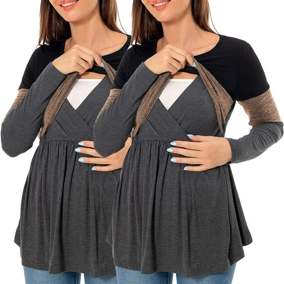 Youmylove Women Maternity T-Shirt Long Sleeve Crew Neck Color Block Nursed Tops Tee Shirts For Breastfeeding Pregnancy Mama Clothes 2-Pack Pregnant