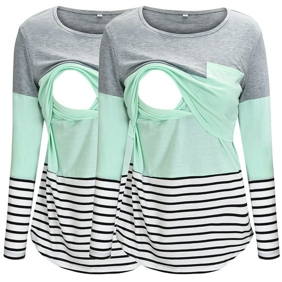 Youmylove Women Maternity T-Shirt Long Sleeve Crew Neck Striped Printed Nursed Tops Tee Shirts For Breastfeeding 2-Pack Pregnant