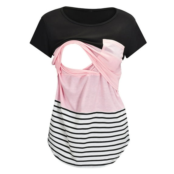 Youmylove Women Maternity T-Shirt Short Sleeve Crew Neck Striped Printed Nursed Tops Tee Shirts For Breastfeeding Comfy