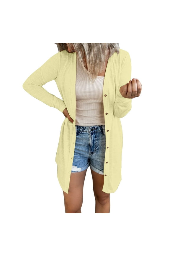 Women Open Front Lightweight Long Cardigan Button Down Loose Solid Outerwear Streetwear