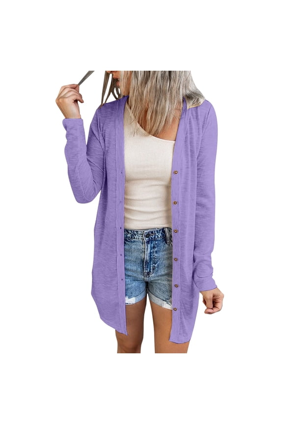 Women Open Front Lightweight Long Cardigan Button Down Loose Solid Outerwear Streetwear