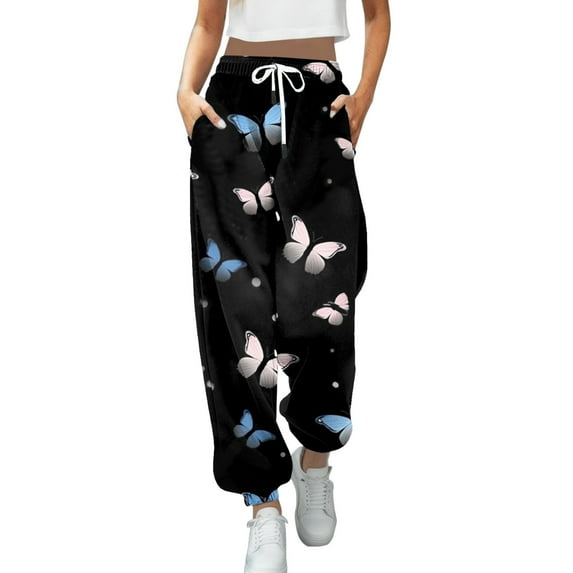 Youmylove Women Pants Fashion Trousers Butterfly Printed Leggings Sports Casual Sweatpants Workout Comfy Joggers Streetwear