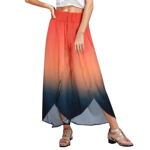 Youmylove Women Pants Trousers Gradient Printed Flowy Slit Wide Leg Pants High Waist Pants Bohemian Beach Pants Trend Stylish Comfy Lounge Clothes