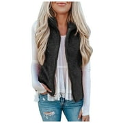 Youmylove Women Pocket Zipper Solid Color Jacket Plush Sleeveless Lapel Vest Loose Coat Ladies Outerwear Stylish Tops