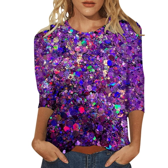 Youmylove Women Round Neck T-Shirt With Shiny Bright Print Comfortable Three Quarter Sleeve Casual Top Stylish Dailywear