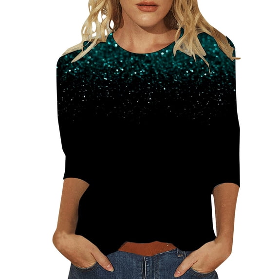 Youmylove Women Round Neck Three Quarter Sleeve T-Shirt Sequin Printed Comfortable Tshirts Casual Top Comfy Dailywear