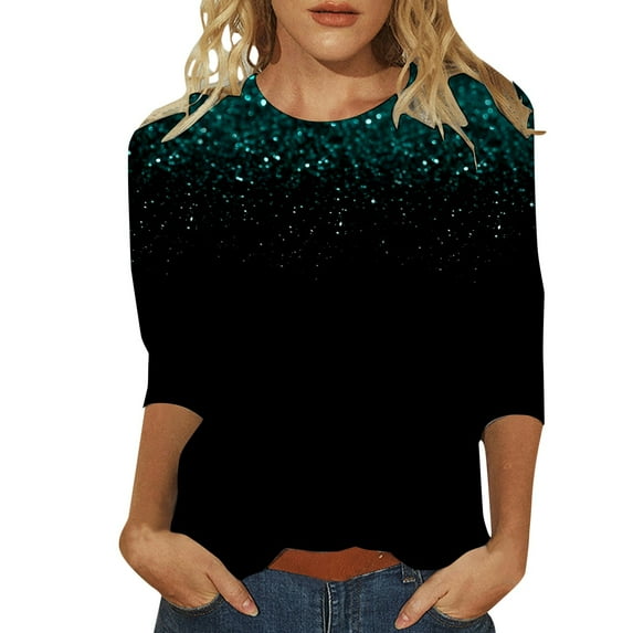 Youmylove Women Round Neck Three Quarter Sleeve T-Shirt Sequin Printed Comfortable Tshirts Casual Top Leisure Dailywear