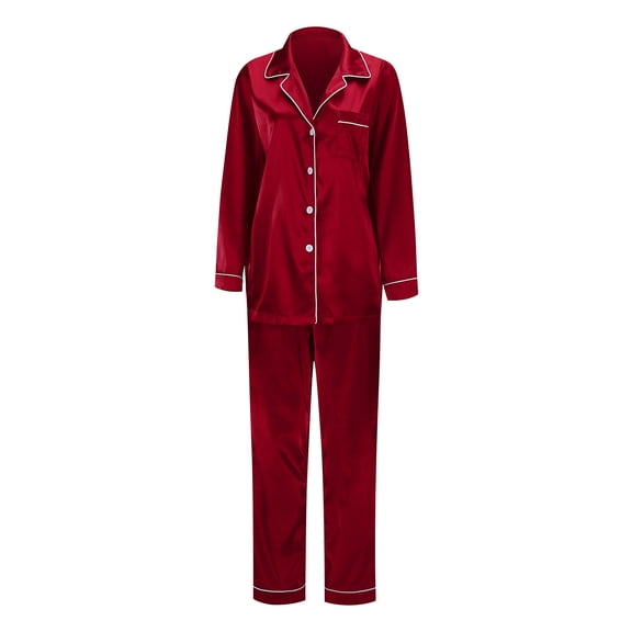 Youmylove Women Satin Silk Button Down Pajamas PJs Sets Solid Color 2PCS Family Matching Sleepwear Loungewear Long Sleeve Silk Nightwear For Women Red2