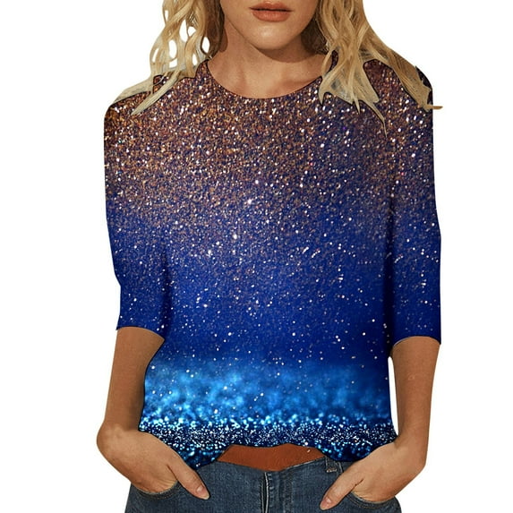 Youmylove Women Shiny Printed T-Shirt Round Neck Comfortable Three Quarter Sleeve Casual Top Leisure Dailywear