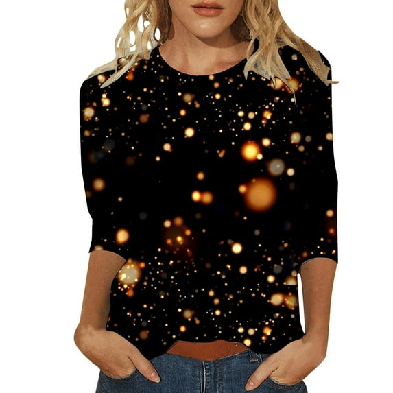 Youmylove Women Shiny Printed T-Shirt Round Neck Comfortable Three Quarter Sleeve Casual Top Trendy Dailywear