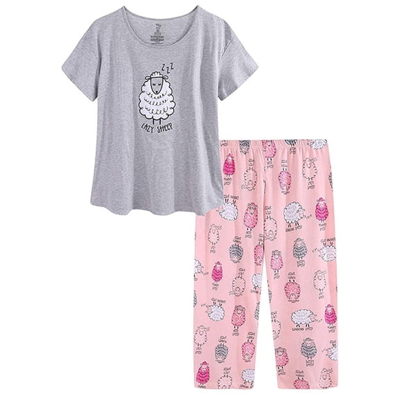 Youmylove Women Sleepwear Nightwear Cotton Pajamas Set Short Sleeve Top Capri Pants Sleepwear Plus Leisure Night-Clothes