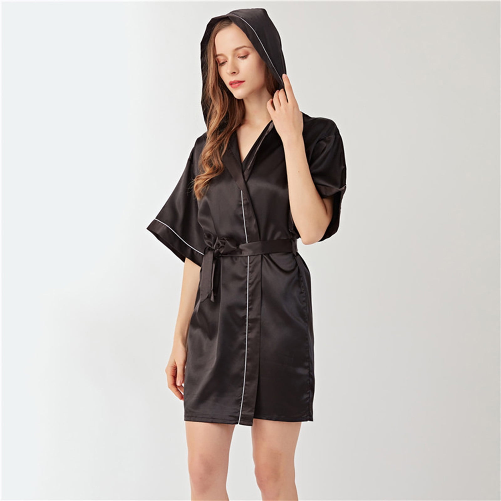 Youmylove Women Sleepwear Nightwear Hooded Silk Robes Satin Kimono Robe ...