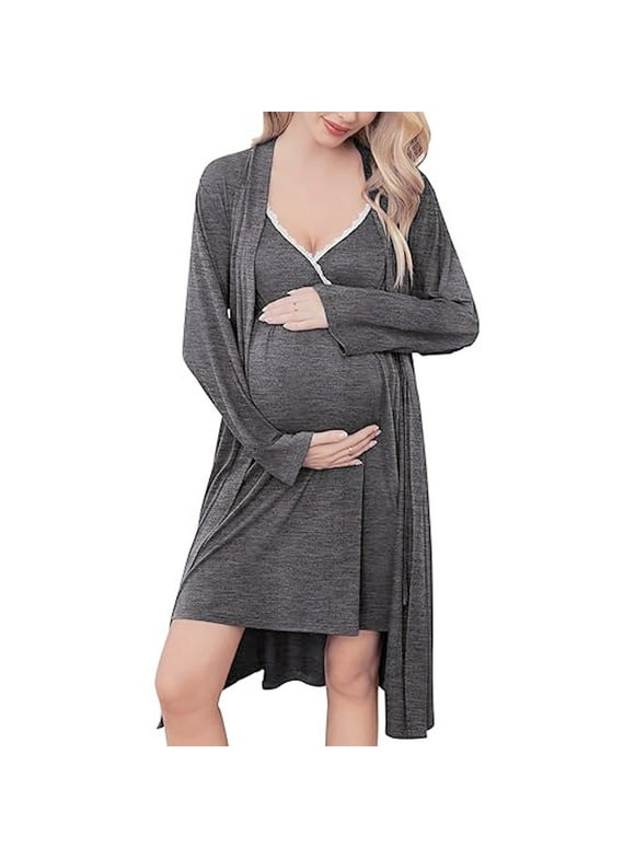 Youmylove Women Solid Color Maternity Nursing Gown Robe Set Labor Nuring Nightgowns For Breastfeeding Robes Pregnant