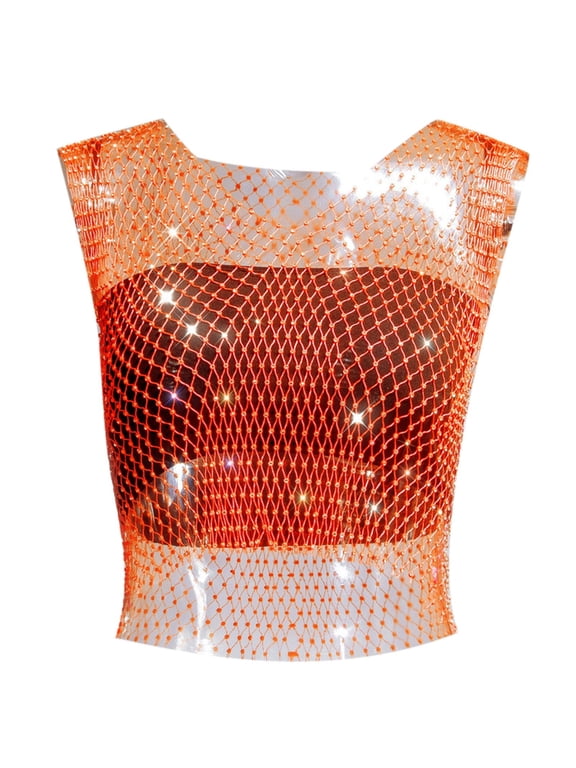 Women Summer Tank Top Rhinestone Fishing Net Fashion Net Flash Sleeveless Vest Casual Loose Vest Blouse