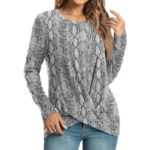 Youmylove Women T-Shirts Fall Winter Casual Flower Printed T Shirts Long Sleeve Leisure Stylish Tunic Tops Front Twist Crew Neck T-Shirt