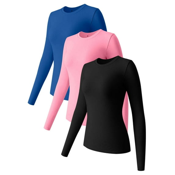 Youmylove Women Thermal Underwear 3-Pack Baselayer Shirts Long Sleeve Tops Crew Neck Stretch Fitted Base Layer Tee Shirts Tops Comfort Loungewear Clothing