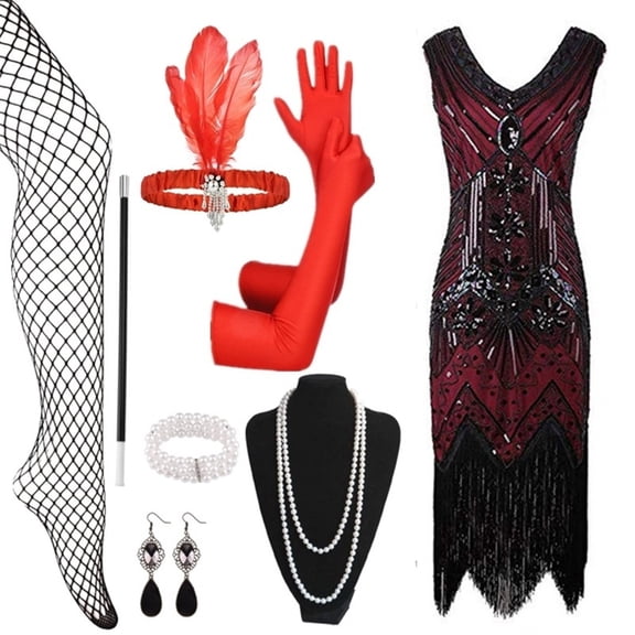 Youmylove Women's 1920s Flapper Dress Vintage Lace Fringed Dress With 20s Accessories Set Fashion Gothic Style Vintage Hallowmas Party Clothes