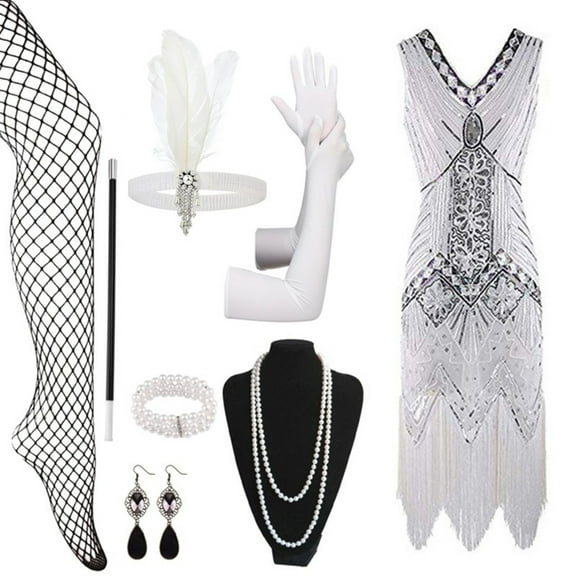 Youmylove Women's 1920s Flapper Dress Vintage Lace Fringed Dress With 20s Accessories Set Fashion Gothic Style Vintage Hallowmas Party Clothes