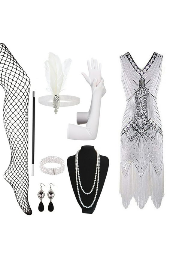 Women's 1920s Flapper Dress Vintage Lace Fringed Dress With 20s Accessories Set Fashion Gothic Style Vintage Hallowmas Party Clothes