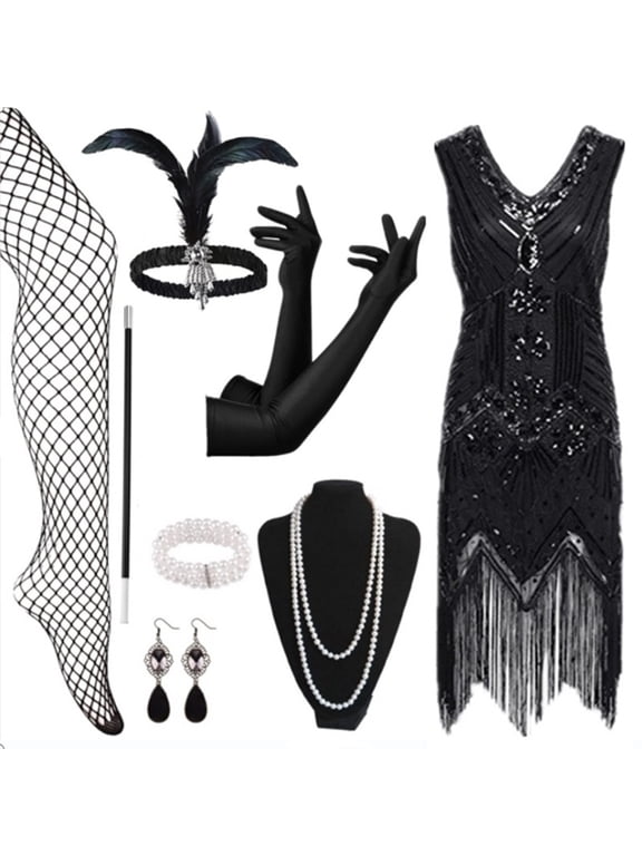 Women's 1920s Flapper Dress Vintage Lace Fringed Dress With 20s Accessories Set Fashion Gothic Style Vintage Hallowmas Party Clothes