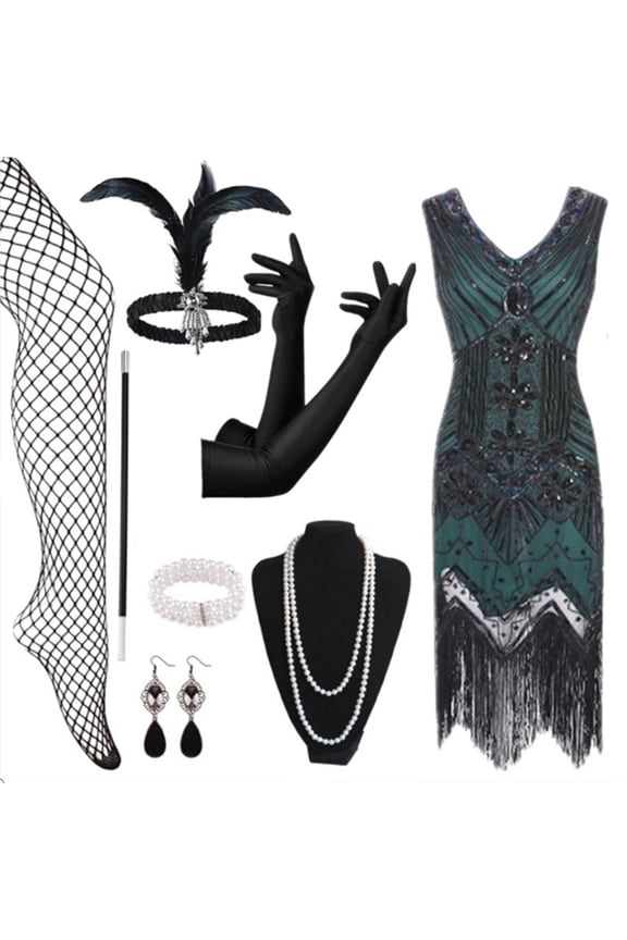 Women's 1920s Flapper Dress Vintage Lace Fringed Dress With 20s Accessories Set Fashion Gothic Style Vintage Hallowmas Party Clothes