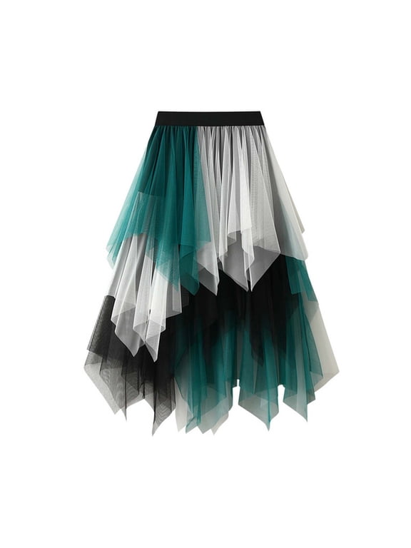 Women's A Line Tulle Skirt Fashion Casual Mesh Skirts Irregular Fairy Elastic Waist Layered Party Midi Skirt Bubble Dance Skirt