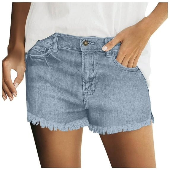 Youmylove Women's Cut Off Denim Jean Shorts Retro Mid Rise Frayed Raw Hem Stretchy Denim Shorts Summer Casual Straight Leg Short Jeans Trendy Jorts Streetwear